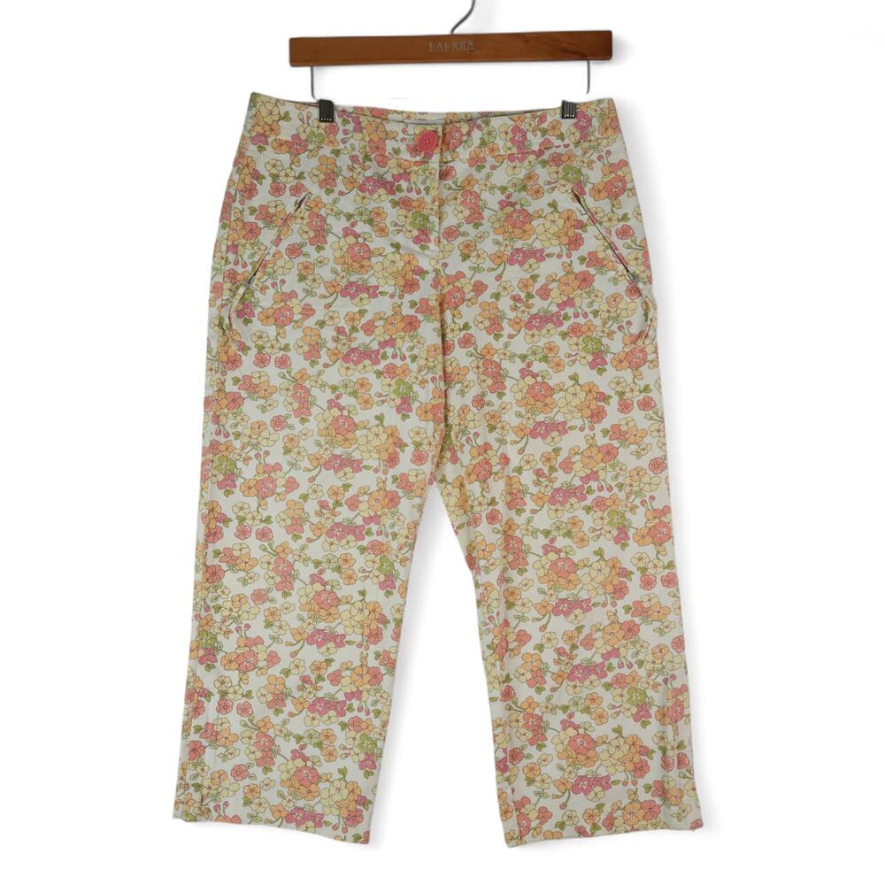 Ann Taylor LOFT Marisa Capri Pants Womens 8 Floral Paisley Pink Yellow Stretch